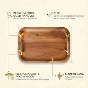 ถาดเสิร์ฟไม้กระถินพร้อมหูจับทองแดง |   จานไม้ขายส่งจากอินเดีย - Product Image 2