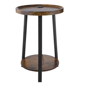 Tavolino Moderno Rotondo a 2 Livelli con Vano Portaoggetti Aperto, Comodino con Porta USB e Presa di Ricarica AC, Finitura in Legno - Product Image 1
