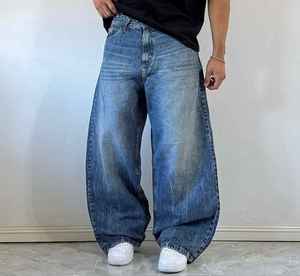 Men's Wide Leg Stonewashed <b>Denim</b> Jeans Elastic Waist Casual Pants Breathable Cotton Canvas <b>Material</b> Spring Style - Product Image 5