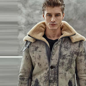 Veste en cuir véritable lavé pour homme avec doublure en fausse fourrure, col rabattable, long manteau coupe-vent d'hiver, style motard - Product Image 5