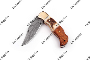 Handmade Damascus Steel Drop Point Camping Folding Pocket <b>Knife</b> Industrial Grade Stag Horn Rosewood <b>Handle</b> Leather Pouch OEM - Product Image 5
