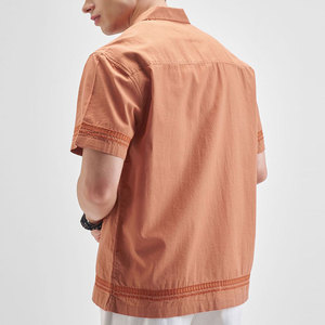 Men's Orange Palm Tree Embossed Short Sleeve Casual <b>Shirt</b> With Turn-down Collar And Single Button Closure Summer Vacation <b>Shirt</b> - Product Image 2