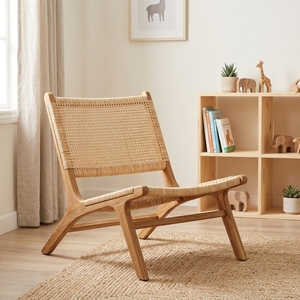 Nuevo Sillón Moderno Minimalista de Madera de Teca, Silla de Ratán Blanco Tejido sin Brazos, Silla de Descanso para Patio y Sala de Estar - Product Image 4