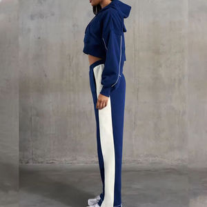 Women's Navy Blue <b>Cropped</b> Zip Up Hoodie White Contrast <b>Stripe</b> Jogger Pants 2 Piece Athletic Tracksuit Set Custom Sportswear - Product Image 3