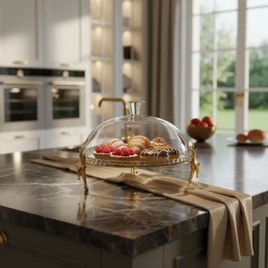 Support à gâteau de mariage de luxe doré avec dôme en verre, plateau à fruits, bordure à motif floral, présentoir à desserts, outils de décoration - Product Image 3