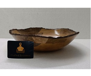 Bol de service artisanal en bois d'acacia naturel avec motif en écorce de mangue, motif uni, bol à salade et à soupe - Vaisselle de cuisine - Product Image 1