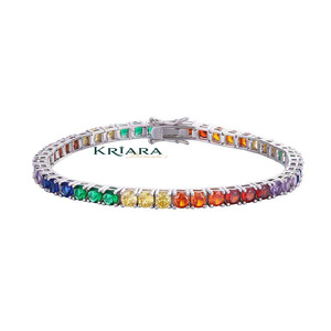 Women's White Gold 925 <b>Rainbow</b> Sapphire <b>Lab</b> Grown Diamond Bracelet Round Cut Classic Everyday Wear - Product Image 2