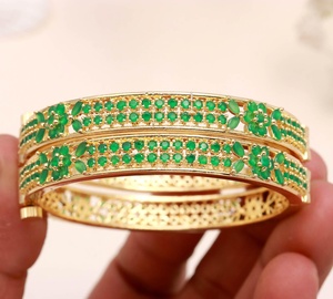 Handmade Emerald Stone <b>Bangle</b> <b>Bracelet</b> Gold Plated Traditional Indian Brass Kada Round and Marquise Design - Product Image 2