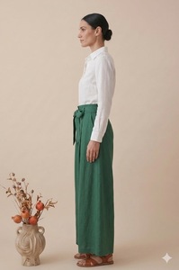 Robe d'été en coton pour femme, pantalon large en lin vert taille haute avec ceinture et poches, coupe ample, tissu respirant, pour usage quotidien - Product Image 3