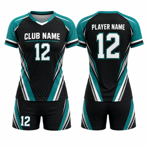 Ensemble de maillots de volley-ball personnalisés pour femmes, noir, turquoise, blanc, imprimé par sublimation, respirant, taille adulte 12, nom du club, nom du joueur - Product Image 1