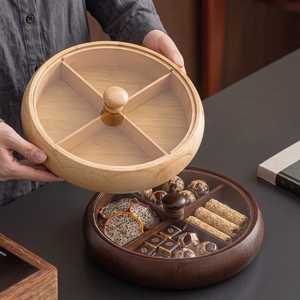 Plateau à collation rond en bois à 4 compartiments pour chocolats, noix, fruits secs, craquelins, finition naturelle, qualité alimentaire, compatible four, ensemble de boîtes à épices - Product Image 3