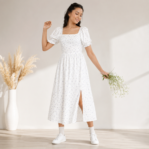 Robe midi florale blanche premium pour femme, col carré, manches bouffantes, décontractée et élégante pour l'été, en coton non extensible, rayée, taille haute - Product Image 1