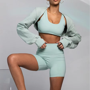 Ensemble de yoga bleu marine pour femme – Pantalon taille haute et crop top à manches longues – Sans couture, extensible dans les quatre sens, respirant – Tenue de fitness en Spandex/Nylon - Product Image 4