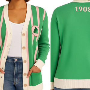 Cardigan vintage vert et rose uni pour femme avec imprimé au dos, col en V, fermeture boutonnée, manches longues, hiver - Product Image 6