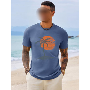 T <b>Shirt</b> Blue Slate Palm Tree Sunset Tropical Graphic Short Sleeve Casual Summer Cotton Top - Product Image 3
