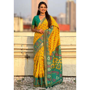 Sari Patola en soie douce jaune tissé Zari avec des tissages contrastés, robes de soirée élégantes par Elite Weaves 0.6g - Product Image 4