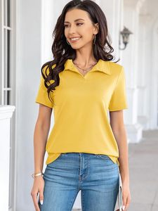 Polo de manga corta de color liso para mujer, top informal de punto transpirable, amarillo - Product Image 5