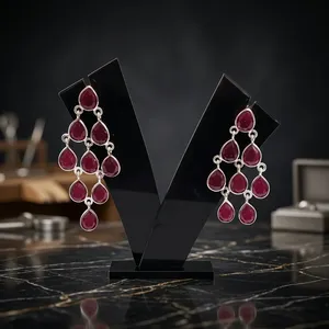 Boucles d'oreilles pendantes en argent sterling 92,5 faites à la main avec rubis, forme goutte d'eau, pierres précieuses, pour femme, fiançailles, mariage, bijoux originaux - Product Image 1