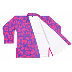 <b>Purple</b> Brazilian Jiu Jitsu MMA <b>Kimonos</b> Style Featuring Vibrant Pink Leopard Animal Print Unisex Adults 100% Cotton Silk Screen - Product Image 4
