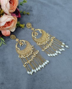 Designer Peacock Motif Chandbali Long Tassel Pearl Chandelier <b>Earrings</b> Traditional Ethnic Festive Wear <b>Fashion</b> <b>Earring</b> Wholesale - Product Image 2
