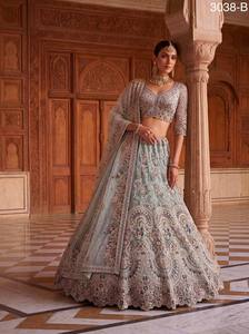 Elegant Light Blue Organza Traditional Bridesmaid <b>Lehenga</b> Beaded Embroidery V-Neck Crop Top Three Quarter Sleeve A-Line - Product Image 2