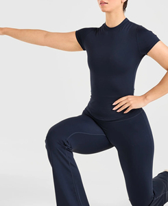 High Waist <b>Flared</b> <b>Leggings</b> Women Solid Navy Blue Knitted Spandex Nylon Full Length Stretchy Yoga Pants All Seasons Style - Product Image 4