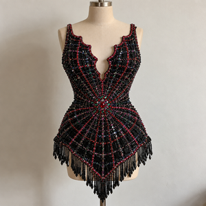 Robe de danse latine noire pour femmes, sans manches, col festonné avec franges en strass - Product Image 1