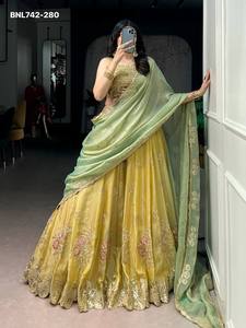 Best Quality NC Moss Silk with <b>Sequin</b>-Thread Embroidered <b>Flared</b> Can-Can Yellow Lehenga-Choli Set with Batwa Wholesale Supply - Product Image 3