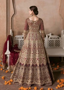 Ensemble Lehenga Brodé Bordeaux Robe de Mariée Manches Longues Coupe A-Line Anarkali avec Dupatta en Tulle Tenue de Mariée - Product Image 3