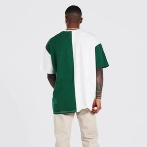 T-shirt décontracté à manches courtes et col rond pour homme, coupe classique, style urbain, avec empiècements contrastants en maille, blanc et vert, en molleton. - Product Image 3