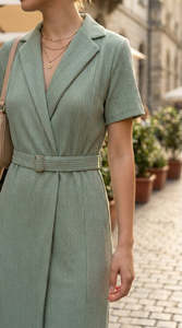 Vestido Midi Verde Menta de Punto con Cuello Solapa y Cinturón, Estilo Tubo Casual, Manga Corta, Ajustado, Color Sólido, para Primavera - Product Image 3
