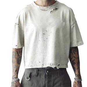 Camiseta Corta para Hombre, Estilo Vintage, Desgastada, con Bajo Deshilachado, Oversize, Streetwear, Ajuste Holgado, Lisa, Personalizable - Product Image 1