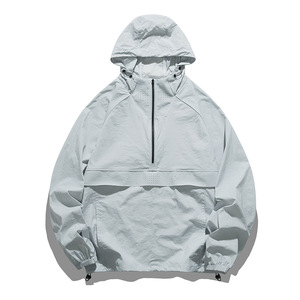 Veste coupe-vent pour homme en polyester vert olive à capuche et col montant, fermeture éclair quart de tour, respirante, légère, décontractée, pour le printemps - Product Image 3