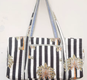 Monochrome Stripes Quilted Duffle Gym Bag Lightweight Cotton Hand <b>Printed</b> Weekend Shopper Large Capacity Eco-Friendly Portable - Product Image 6