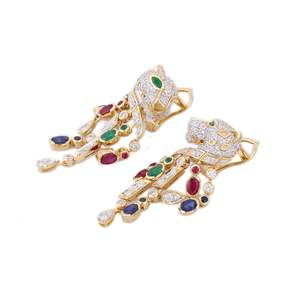 14K <b>Solid</b> <b>Gold</b> Multi Gemstone Panther Stud <b>Huggie</b> Earrings with Moissanite - Product Image 6