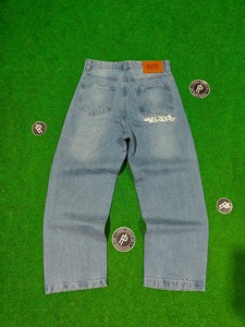 Pantalon en jean décontracté pour homme, coupe droite oversize, jambe large, logo personnalisé, délavé, vintage, effet usé, style baggy - Product Image 4