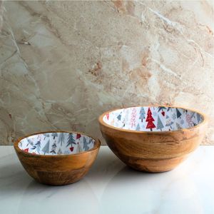 Tazón para Servir Hecho a Mano de Madera de Mango con Estampado Floral en Esmalte Azul - Tazón de Madera Ecológico para Ensaladas, Vajilla para el Hogar y Hoteles - Product Image 3