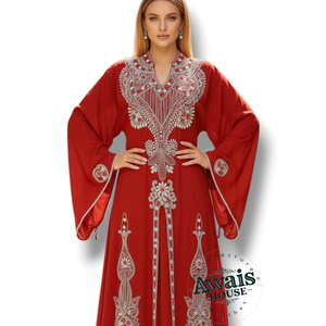 Ensemble 2 pièces de luxe AWAIS HOUSE pour femmes musulmanes, robe longue en velours uni perlé, lavable, coupe trapèze, vente en gros - Product Image 1