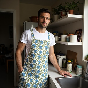 Delantal de algodón azul y verde floral elegante unisex con diseño funcional de tacto suave y aspecto elegante para el trabajo de cocina - Product Image 5