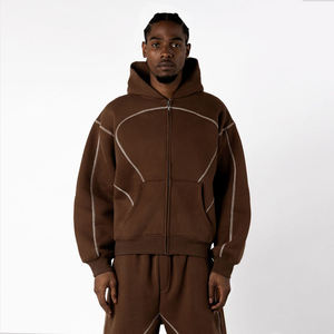 Customized Unisex Cotton Fleece Hooded Tracksuit Set Windproof Zipper <b>Jacket</b> Contrast Piping Loose Fit Streetwear - Product Image 4