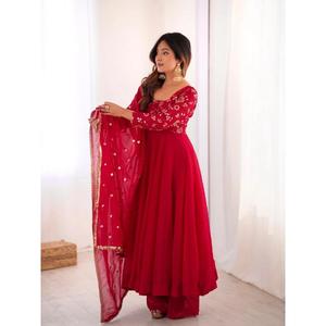 Conjunto de Vestido de Seda para Mujer, Mangas Largas, Corte Amplio con Borde de Encaje, Pantalón y Dupatta Bordada, Ropa Tradicional - Product Image 1