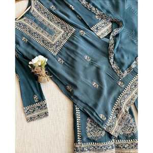 ผ้าไหมเทียมปักลายด้วยด้ายบนวังพร้อมเสื้อผ้าท้องฟ้า dupatta - Product Image 4