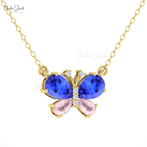 Collier en or fin 14 carats avec quatre pierres précieuses tanzanite et quartz rose de 7x5 mm, pendentif papillon serti de diamants blancs - Product Image 1