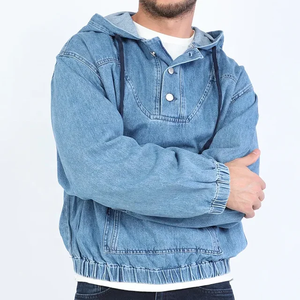 Sudadera con capucha de algodón vaquero grueso con cremallera, estilo vintage desgastado, corte holgado, estilo urbano, para hombre y mujer - Product Image 3