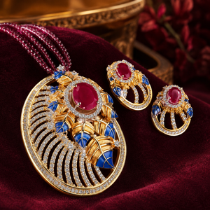 Conjunto de Collar y Pendientes de Lujo Clásico de Latón con Rodio y Circones, Borla Meenakari Roja y Azul, Regalo para Novia, Compromiso, Boda, Fiesta - Product Image 4