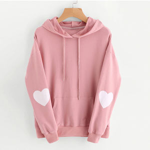 Women's Pink Hooded Sweatshirt With White <b>Heart</b> Appliques Long Sleeve Casual Autumn Wear - Product Image 1