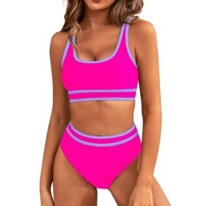 Women Plaid Eco-Friendly Bikini Set High Waist Two Piece Swimwear <b>Halter</b> <b>Neck</b> Push-Up <b>Bra</b> Front Logo Asymmetric - Product Image 5
