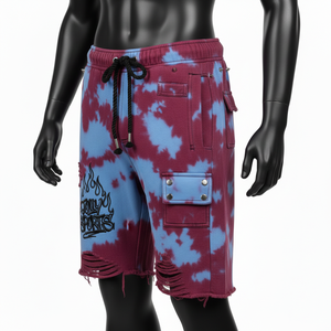 Pantalones Cortos de Algodón de Alta Calidad para Hombre, Lavado Ácido, Tacto Suave, Azul Granate, Dobladillo Desgastado, Logotipo Bordado - Product Image 4