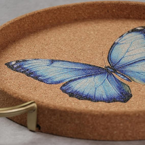 Butterfly <b>Cork</b> Serving Tray with Metal Handles, Premium Round UV Printed Serving Tray Eco-Friendly Natural <b>Cork</b> Trays - Product Image 4