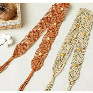 Ceinture bohème tricotée en corde tressée avec perles en bois et pompon, accessoire pour robe et jupe - Product Image 4